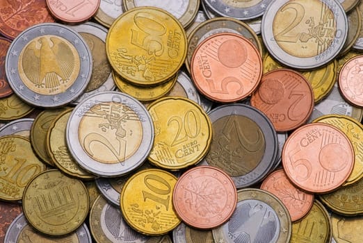 close-up of a bunch of euro coins