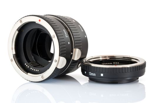 set of extension tube used for macro photography isolated on white background