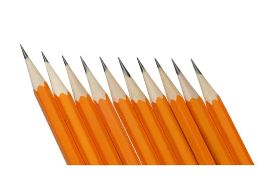 Few wooden yellow pencils in a row isolated on white background with clipping path