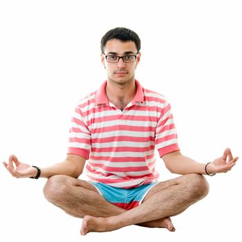 yoga. beautiful man meditates on a white background.