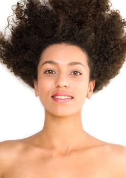beautiful smiling black woman on a white background