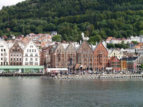 crowded bryggen in Bergen Norway