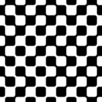 An abstract seamless pattern of black and white geometric shapes that are connected to one another.