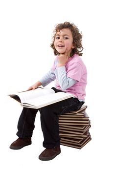 Kid with books on a white background