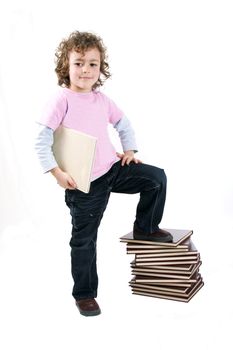 Kid with books on a white background