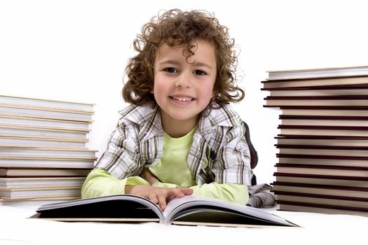 Kid with books on a white background