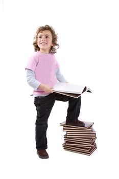 Kid with books on a white background