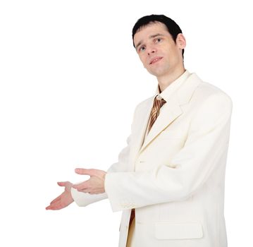 Young man in a white suit, invites