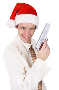 Merry guy in Christmas hat with a gun on white