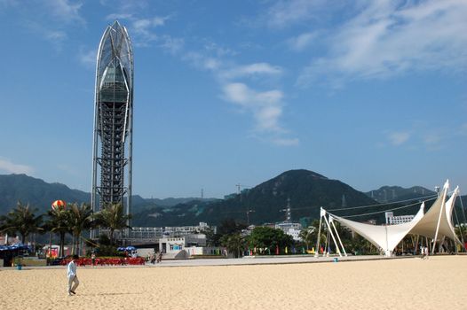 China South Sea, Guangdong province. Shenzhen city - sea side, wide beach with viewing tower at DaMeiSha. 