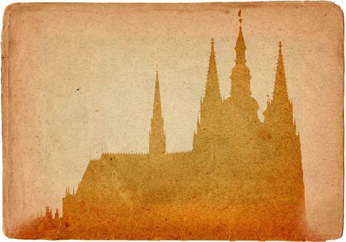 Prague castle and Cathedral of St Vitus in grunge style. Prague, Czech republic, Europe. 
