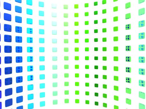 Abstract illustration of a curved wall made of blue and green tiles.