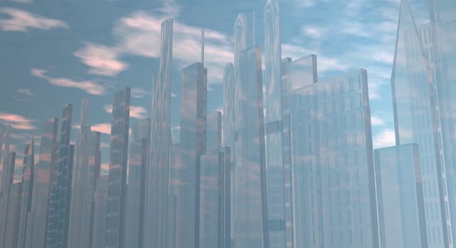 An illustration of a cityscape with transparent buildings allowing the blue sky and clouds to be seen through the buildings