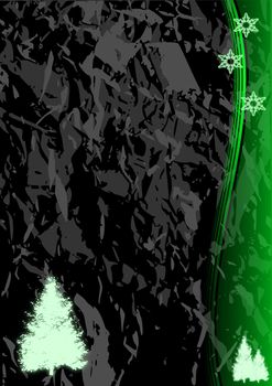 Christmas illustration of glowing green snowflakes and trees  on a black marble like background.