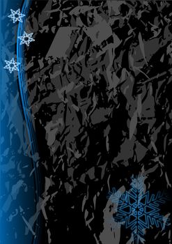 Christmas illustration of glowing blue snowflakes on a black marble like background.