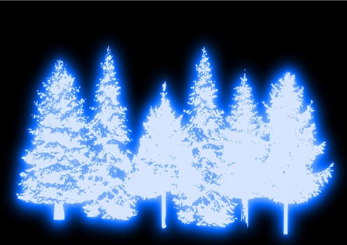 A line of glowing blue Christmas trees against an abstract background.