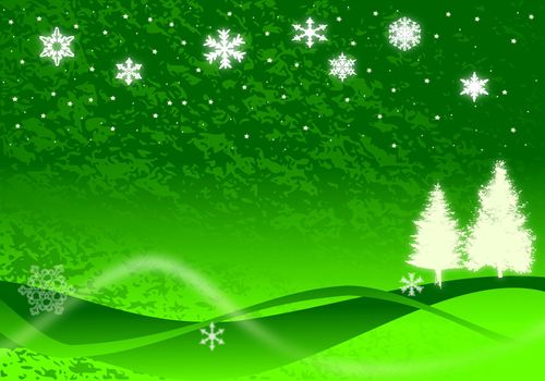Christmas illustration of glowing snowflakes, Christmas trees, and stars with abstract snow drifts and blowing snow on green.