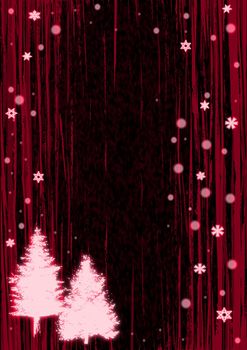Christmas illustration of glowing red snowflakes and trees.
