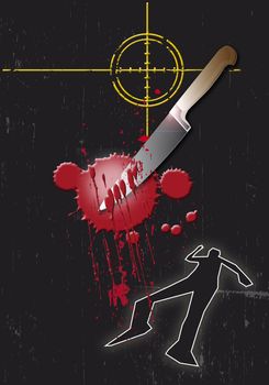 A grunge styled illustration on a crime based theme. A bloody Knife target and body outline on a black base.