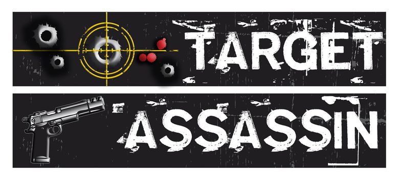 Two horizontal crime themed banners set on a black grunge background base. Target and assassin themed.