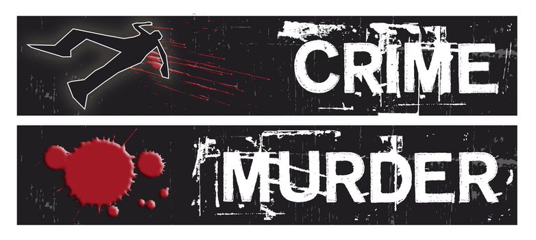 Two horizontal crime themed banners set on a black grunge background base. Crime and Murder themed.