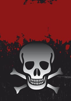 A graphic skull and cross bones set on a black and red grunge styled background. Room for copy to top of image.