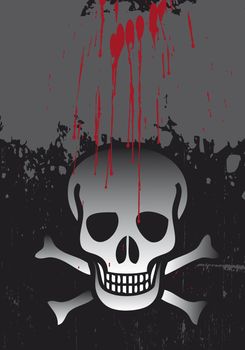 A graphic skull and cross bones set on a black grunge styled background, with blood dripping from above. Room for copy to top of image.
