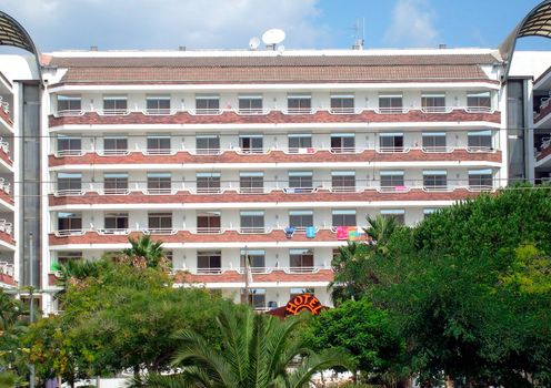 General view of exterior of luxury Spanish tourist hotel, Santa Susannah, Spain.