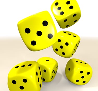 six yellow casino dice flying through the air
