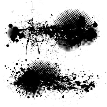 two black ink splats with halftone dots and white background