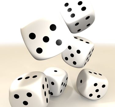 Six white casino dice falling on to a white background