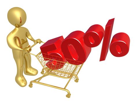 3d person pushing a shopping cart with a 50% 3d text on it.