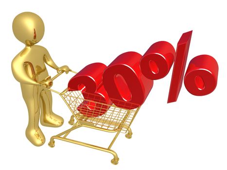 3d person pushing a shopping cart with a 30% 3d text on it.