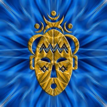 a digital yellow african mask over a blue background