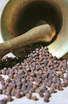 Scattered pepper,  pounder and pestle