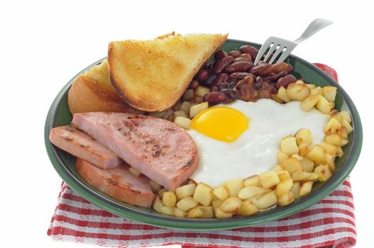 Ham and eggs served with toast and fried potato.