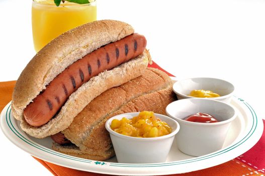 Delicious grilled hot dogs served with several condiments.