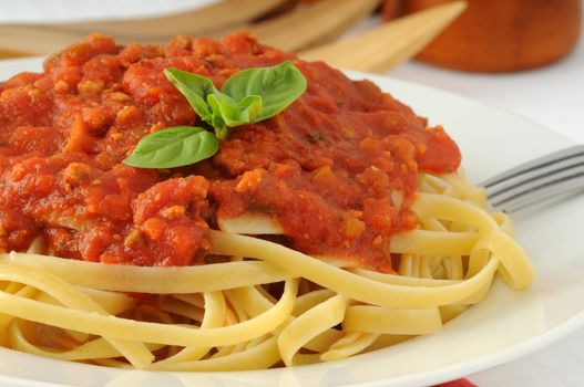 Delicious linguine pasta with tomato basil sauce.