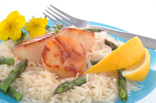 Scallop dinner with basmati rice and lemon.