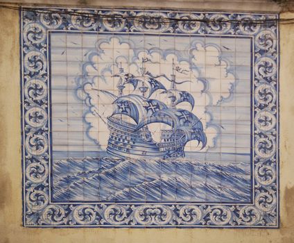 old windjammer picture on blue portuguese tiles