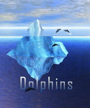 Beautiful Iceberg in the Open Ocean with Pod of Dolphin Swimming and Dolphins Text