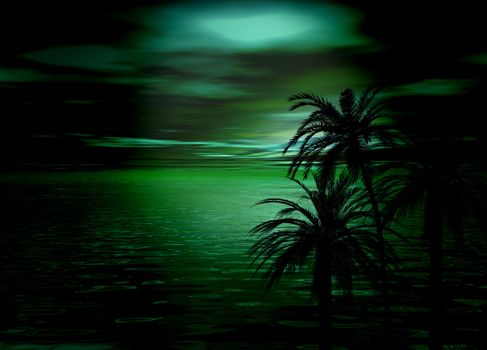 Beautiful Green Horizon Sea and Sky after sunset with tree silhouettes