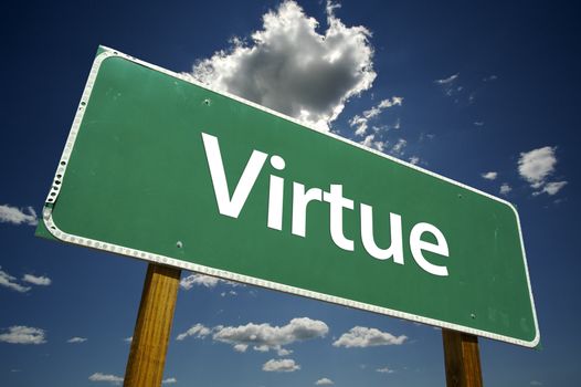 Virtue Road Sign with Dramatic Clouds and Sky.