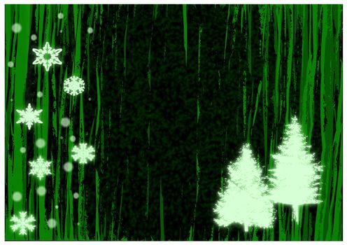 Christmas illustration of glowing green snowflakes and trees.