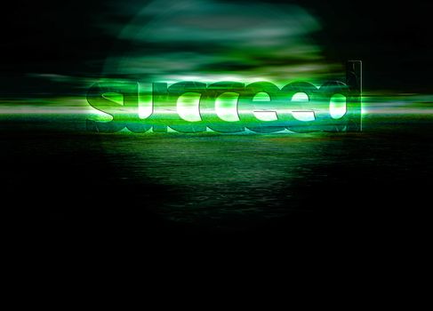 Succeed Text on Stunning Green Bright Ocean Sea Horizon at Night