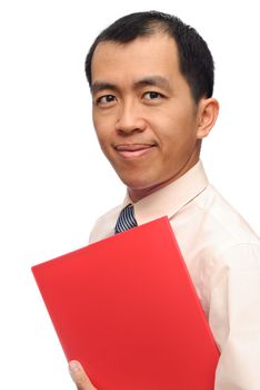 Successful businessman of mature Asian man holding red report of folder on white background.