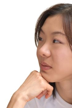 Asian beautiful woman think and watch on white background, closeup portrait.