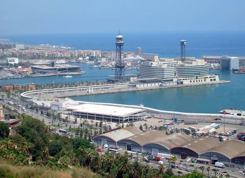 Overhead view of busy port terminus, Barcelona harbor, Spain.