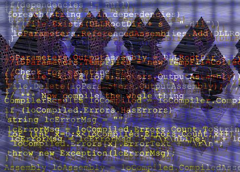 Programming Code With Grid on Digital Fantasy Pyramids Background