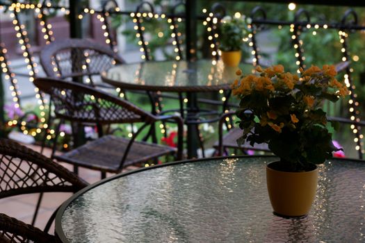 Flowers on table in lighted patio area, romantic scene.